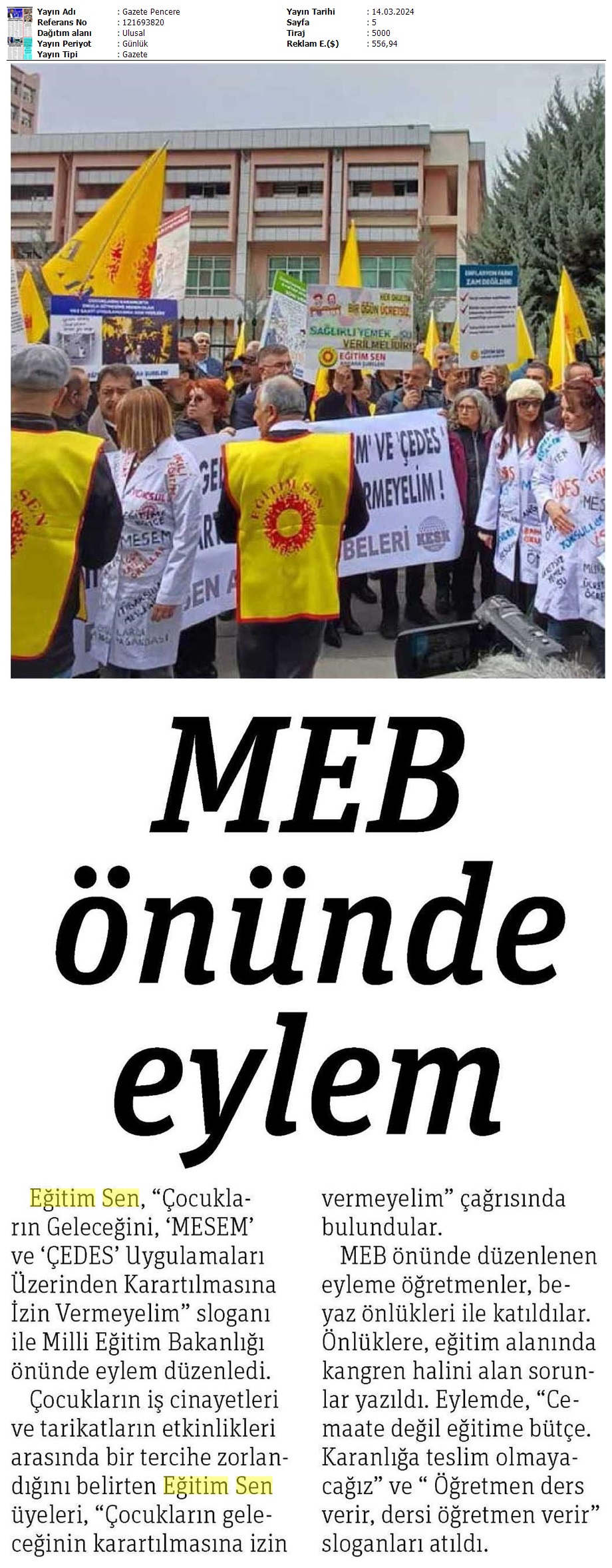MEB Önünde Eylem / Gazete Pencere