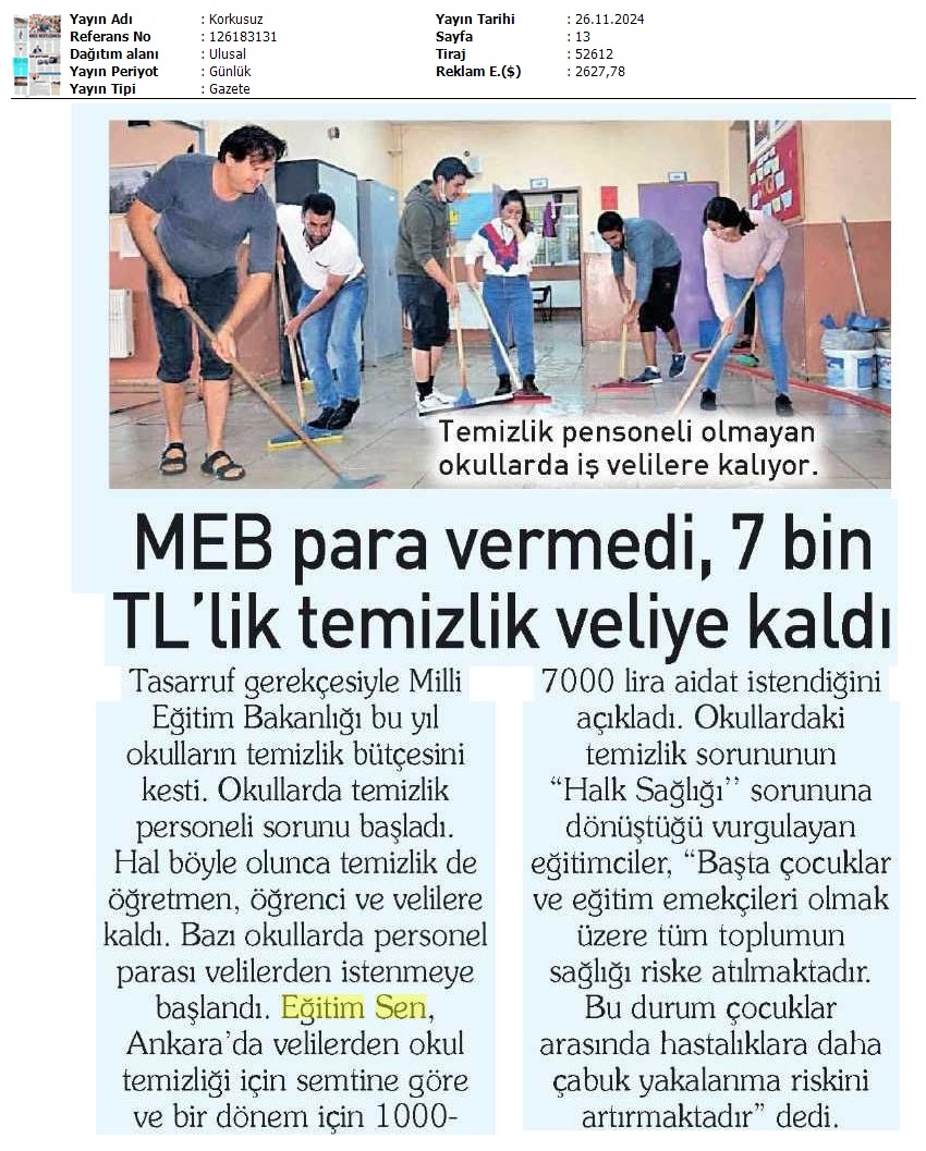 MEB Para Vermedi, 7 Bin TL'lik Temizlik Veliye Kaldı / Korkusuz