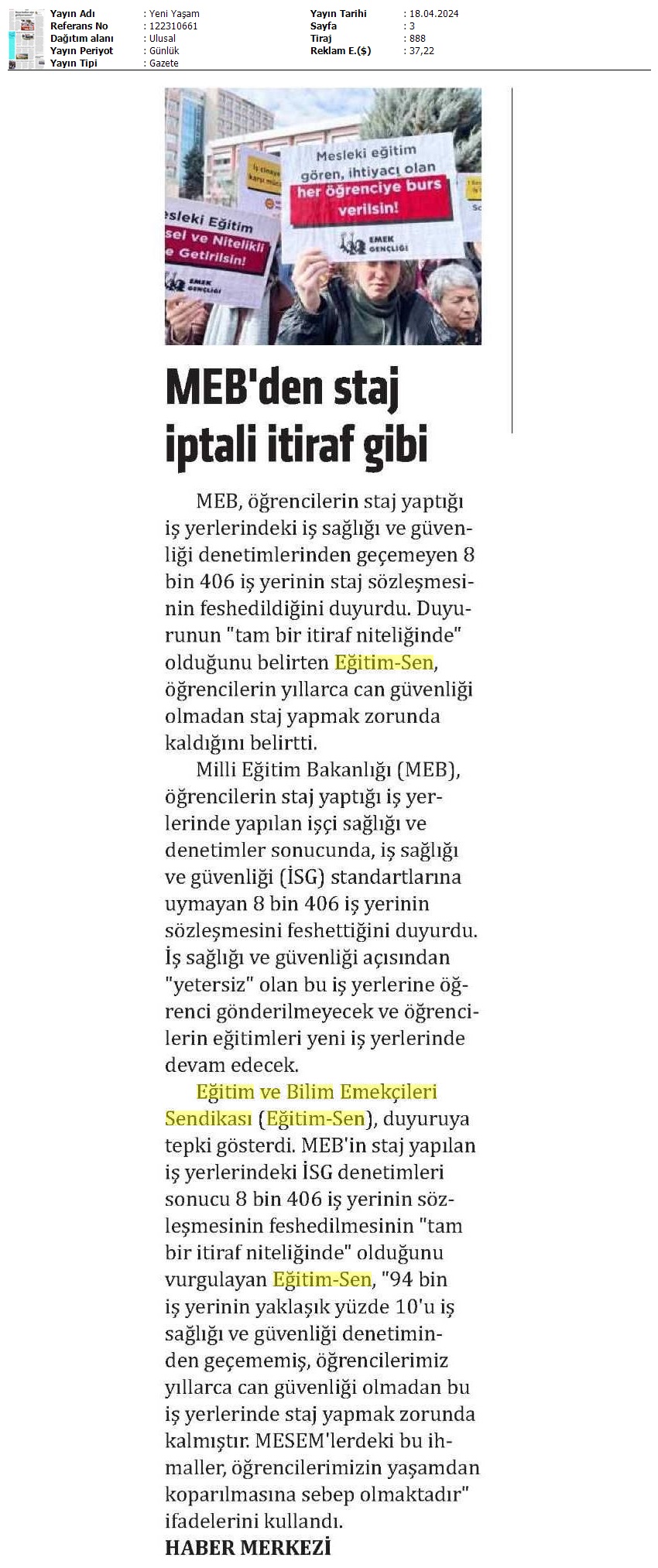 MEB'den Staj İptali İtiraf Gibi / Yeni Yaşam