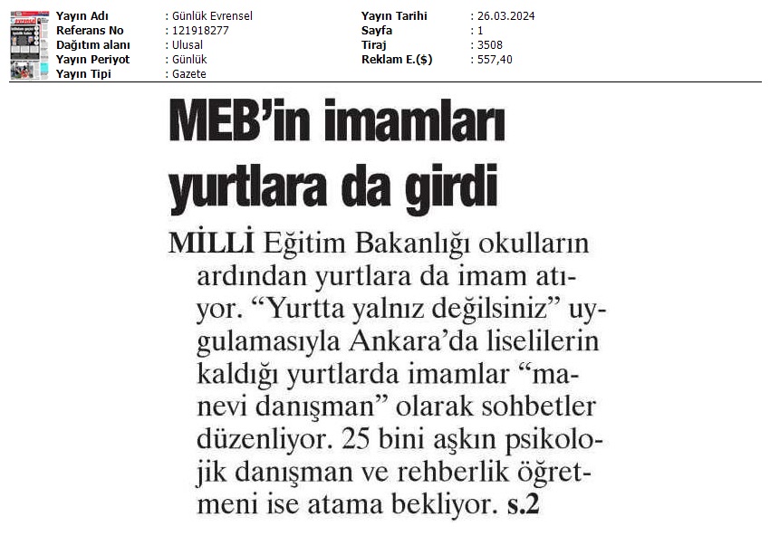 MEB'in İmamları Yurtlara da Girdi / Evrensel