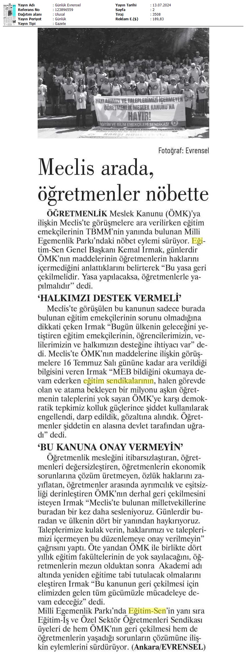 Meclis Arada, Öğretmenler Nöbette / Evrensel