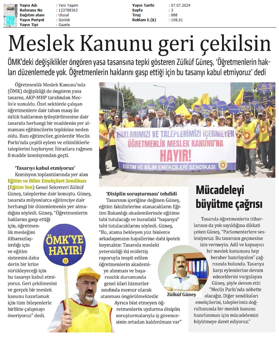 Meslek Kanunu Geri Çekilsin / Yeni Yaşam