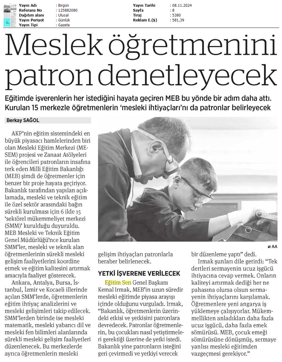 Meslek Öğretmenini Patron Denetleyecek / Birgün
