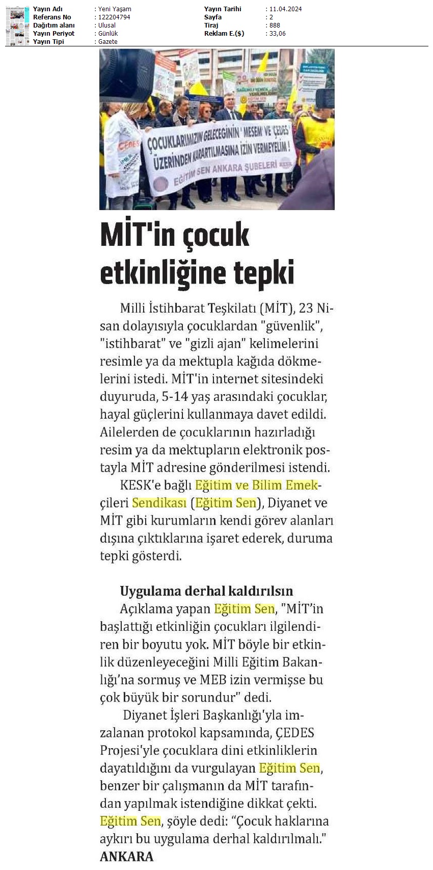 MİT'in Çocuk Etkinliğine Tepki / Yeni Yaşam