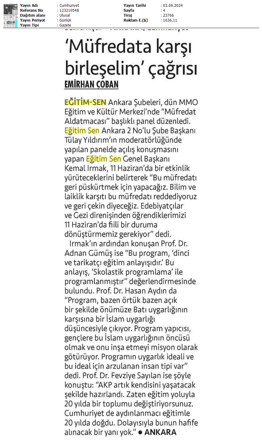 "Müfredata Karşı Birleşelim" Çağrısı / Cumhuriyet