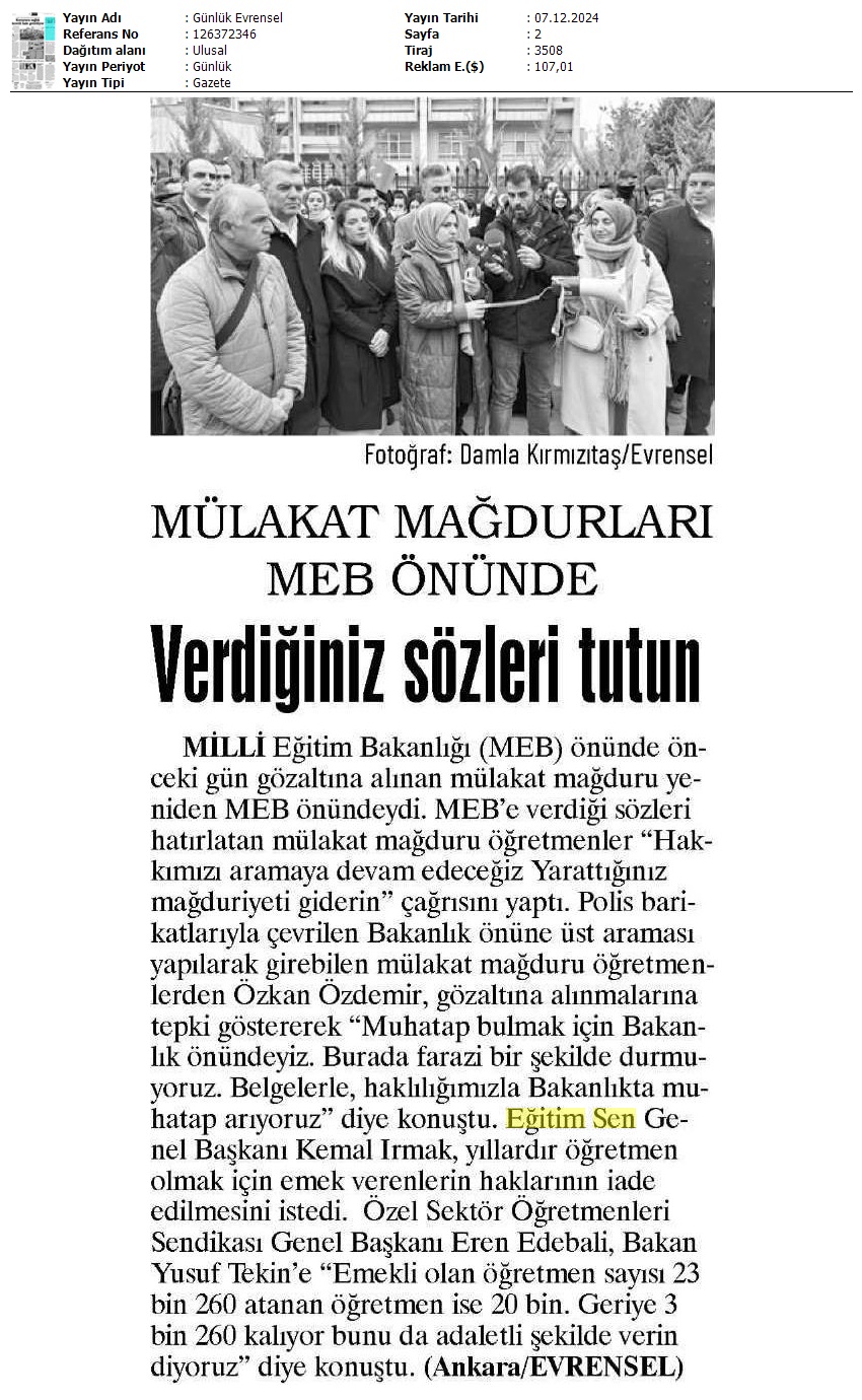 Mülakat Mağdurları MEB Önünde: Verdiğiniz Sözleri Tutun / Evrensel