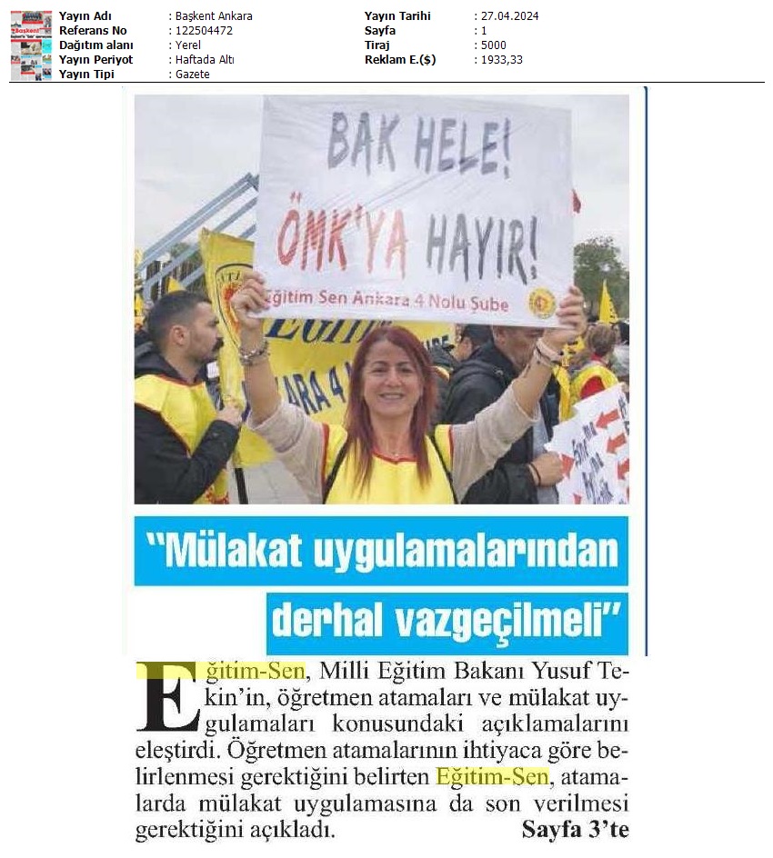 "Mülakat Uygulamalarından Derhal Vazgeçilmeli" / Başkent Ankara
