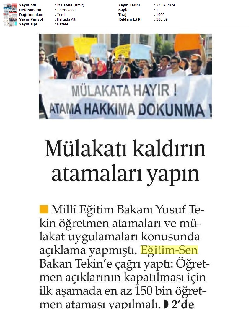 Mülakatı Kaldırın, Atamaları Yapın / İz Gazete