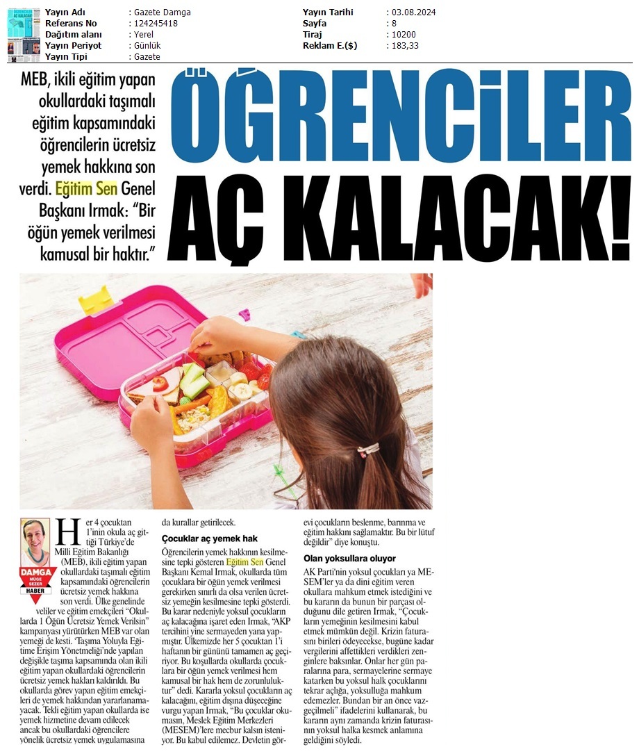 Öğrenciler Aç Kalacak! / Gazete Damga