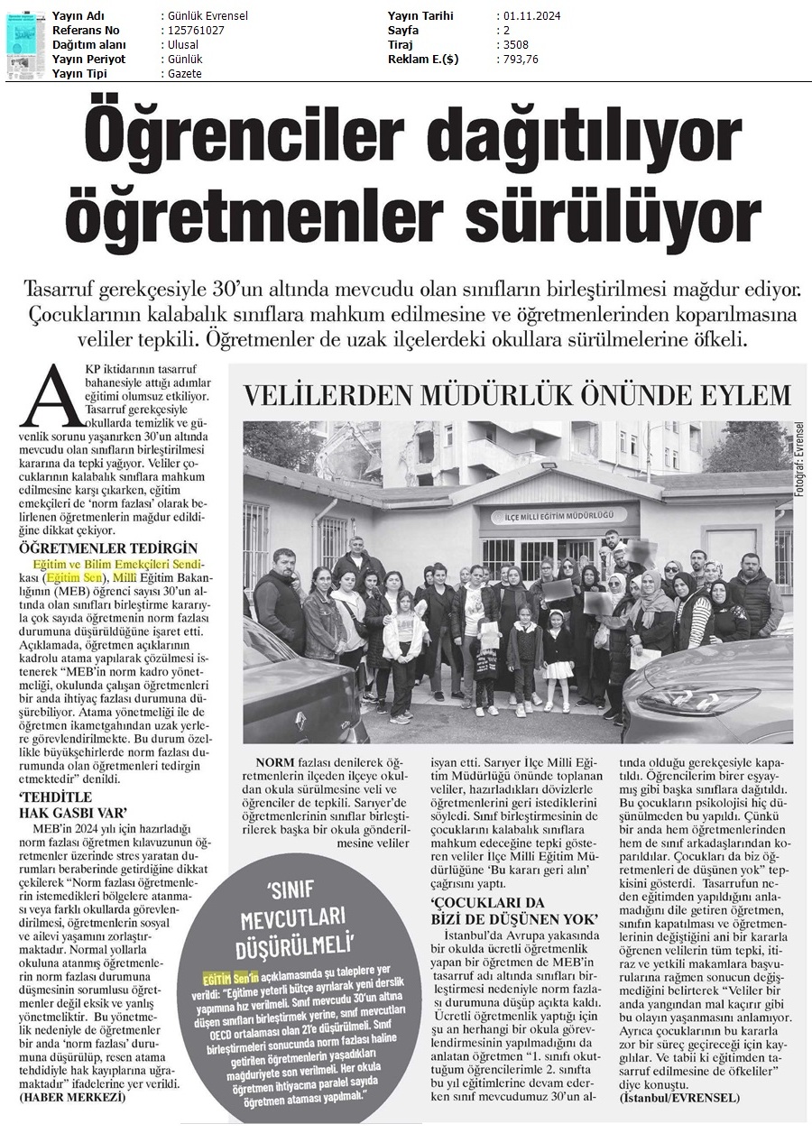 Öğrenciler Dağıtılıyor, Öğretmenler Sürülüyor / Evrensel