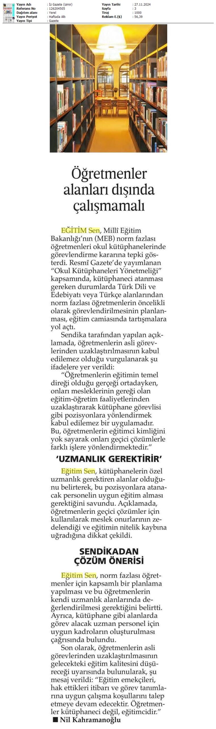 Öğretmenler Alanları Dışında Çalışmamalı / İz Gazete