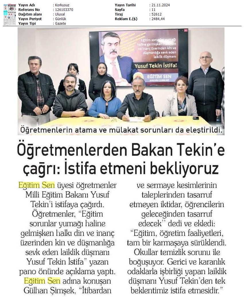 Öğretmenlerden Bakan Tekin'e Çağrı: İstifa Etmeni Bekliyoruz / Korkusuz