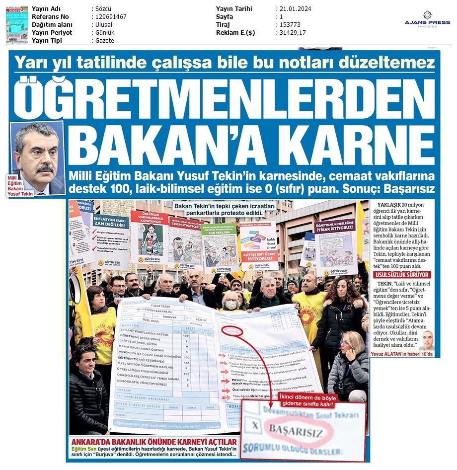 Öğretmenlerden Bakan'a Karne / Sözcü
