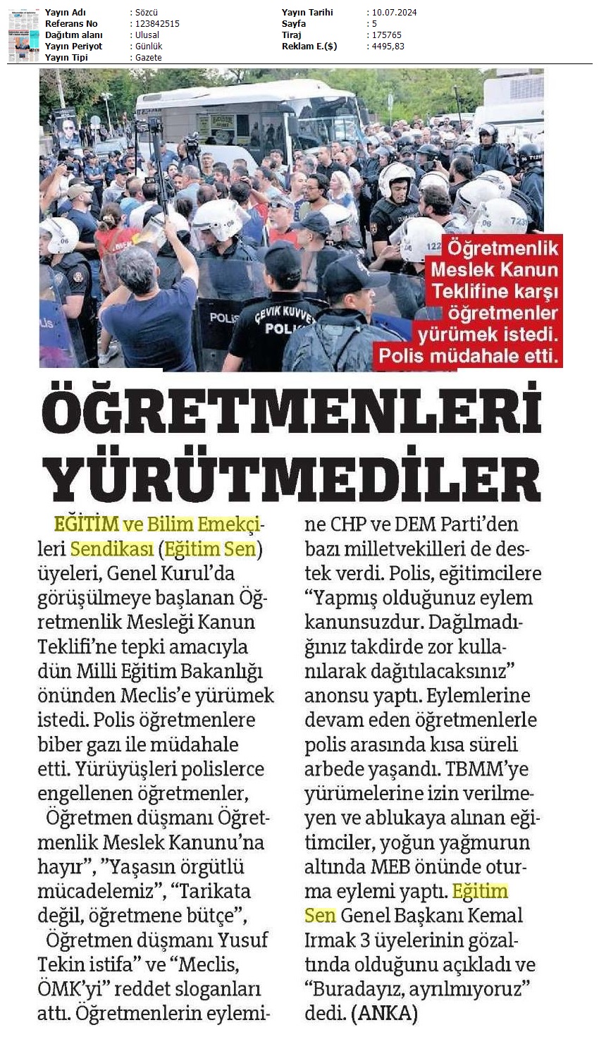 Öğretmenleri Yürütmediler / Sözcü