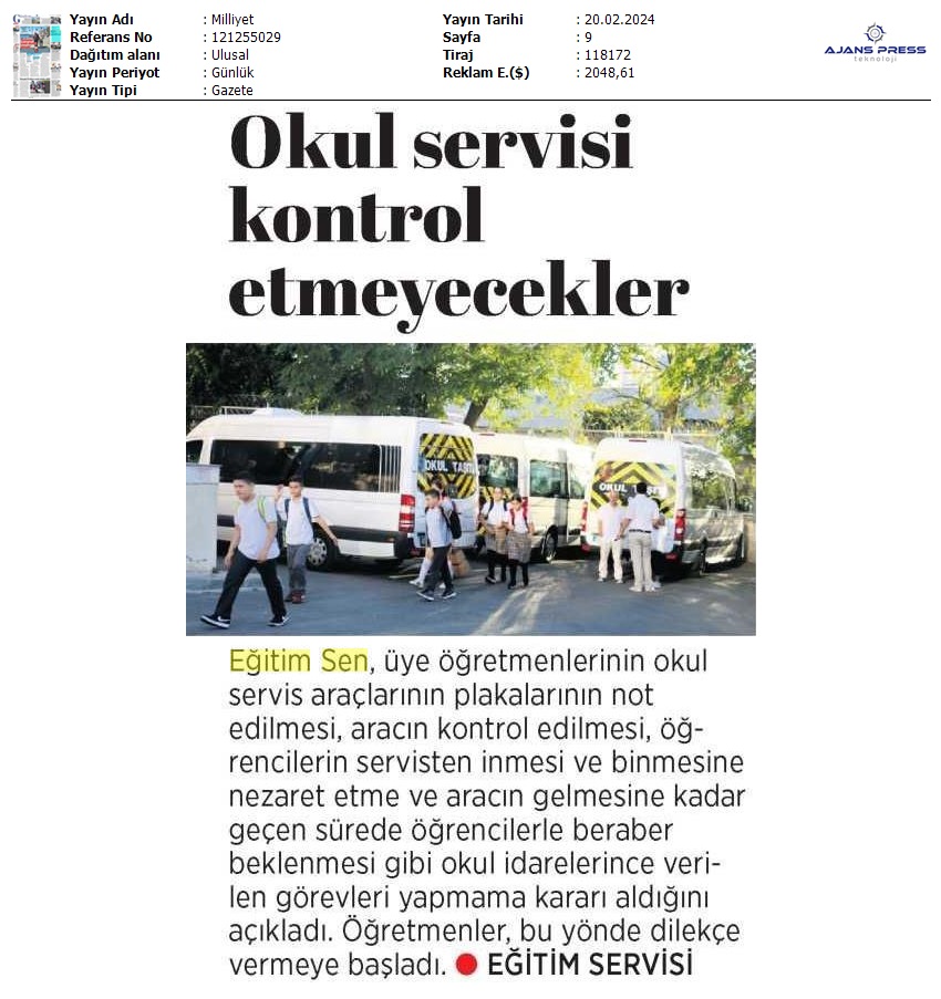 Okul Servisi Kontrol Etmeyecekler / Milliyet