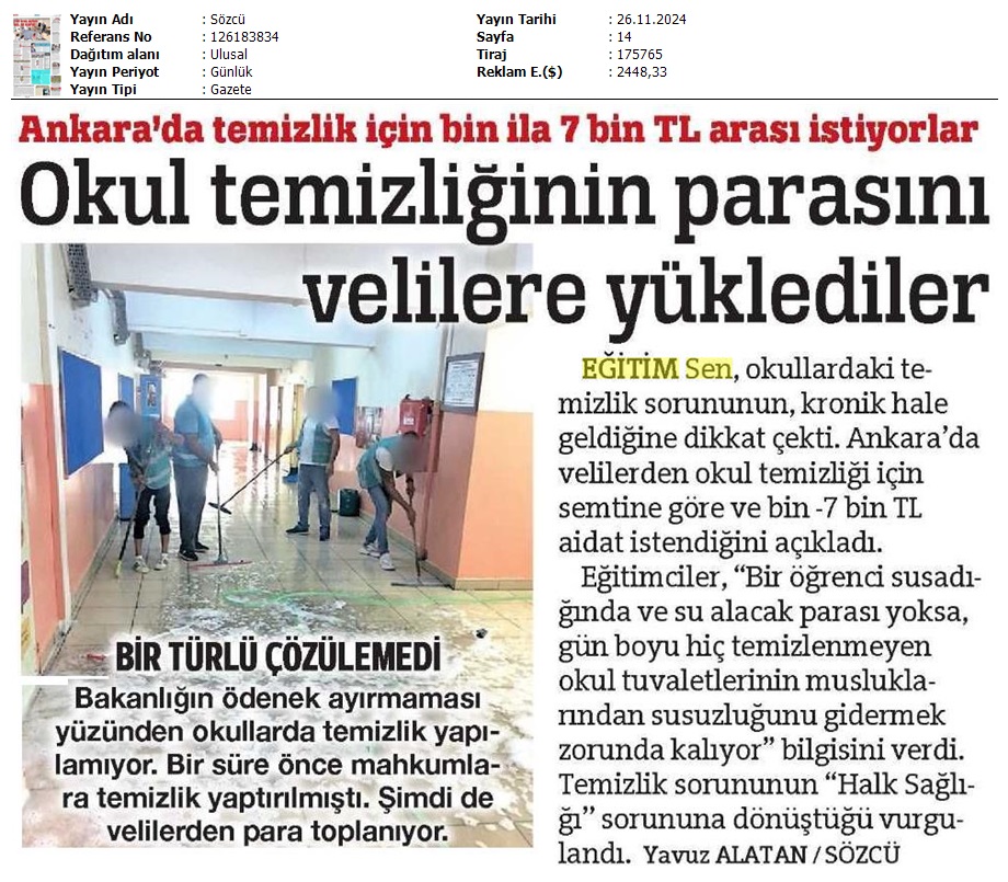 Okul Temizliğinin Parasını Velilere Yüklediler / Sözcü