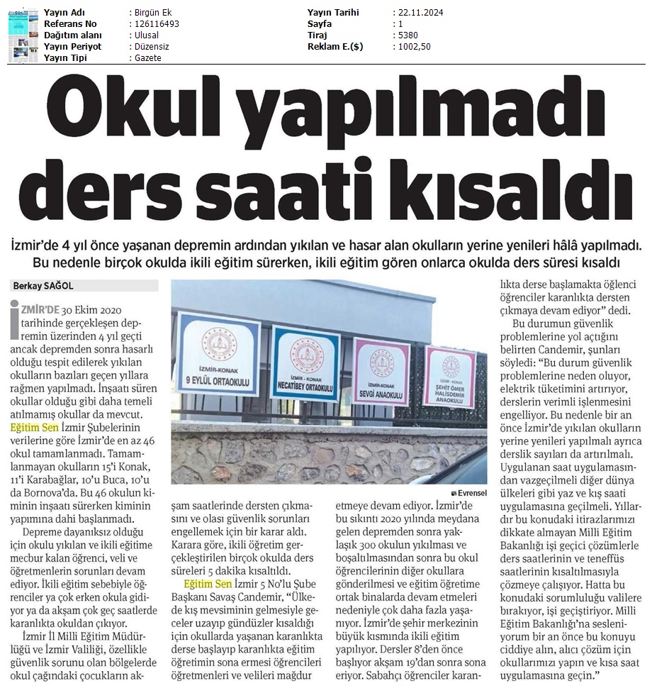 Okul Yapılmadı Ders Saati Kısaldı / Birgün