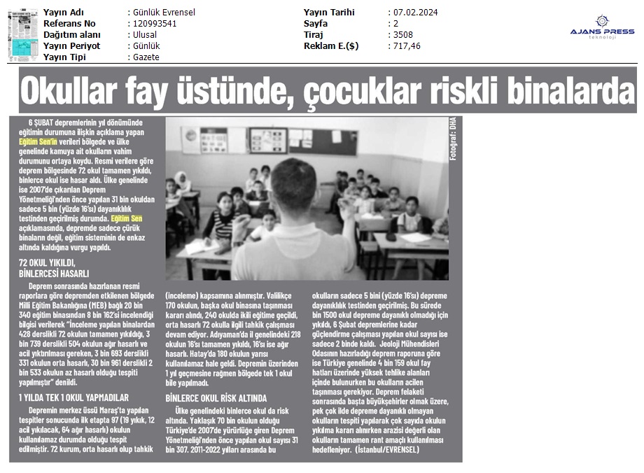Okullar Fay Üstünde, Çocuklar Riskli Binalarda / Evrensel