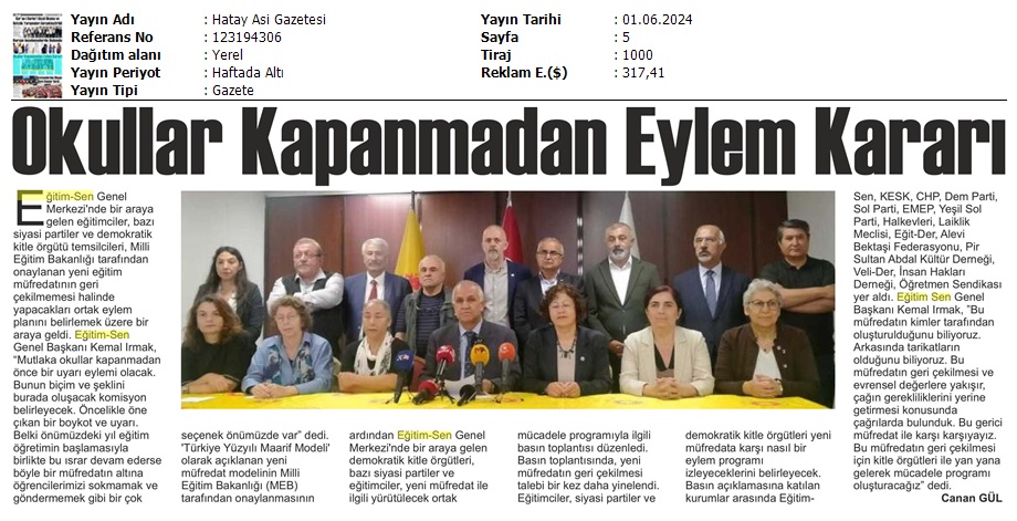 Okullar Kapanmadan Eylem Kararı / Hatay Asi Gazetesi