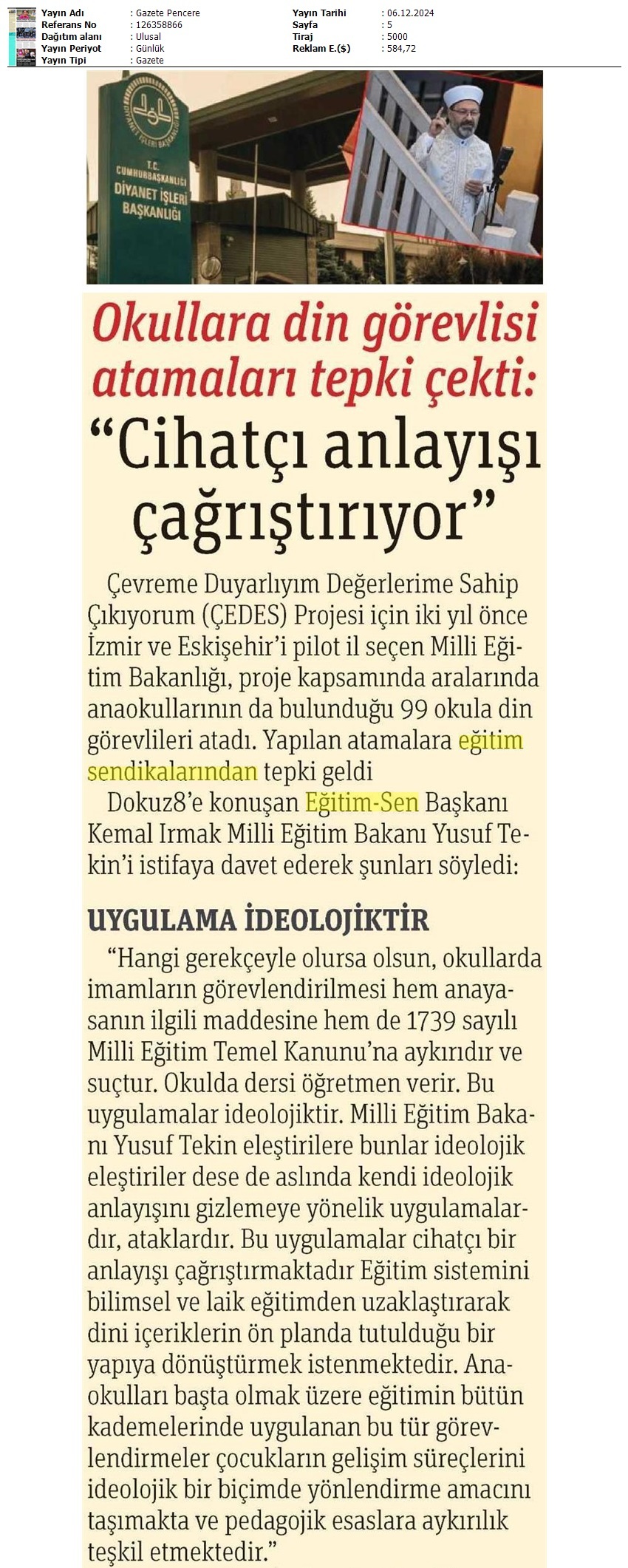 Okullara Din Görevlisi Atamaları Tepki Çekti: "Cihatçı Anlayışı Çağrıştırıyor" / Gazete Pencere