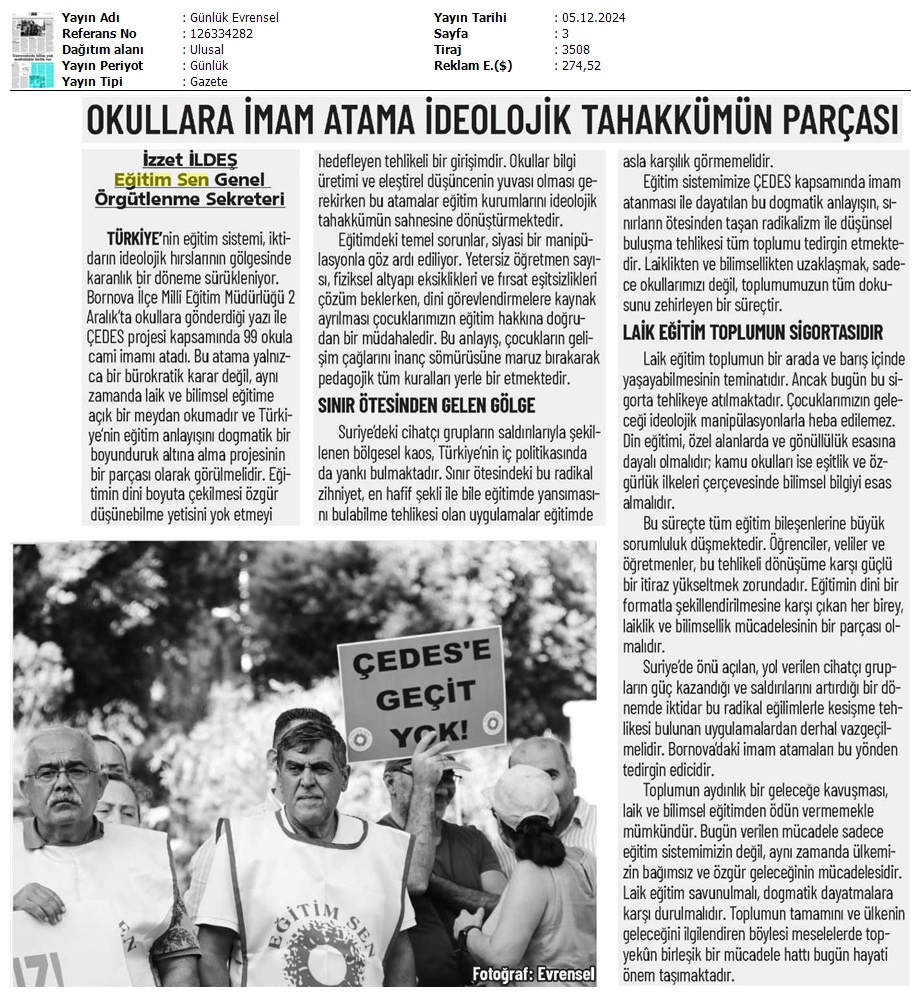 Okullara İmam Atama İdeolojik Tahakkümün Parçası / Evrensel