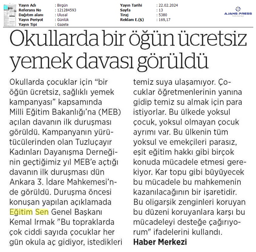 Okullarda Bir Öğün Ücretsiz Yemek Davası Görüldü / Birgün