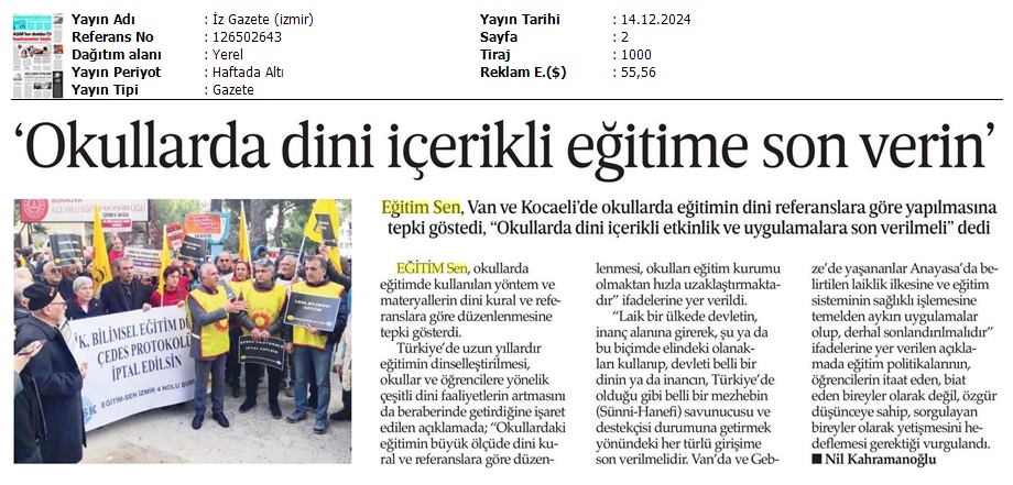 "Okullarda Dini İçerikli Eğitime Son Verin" / İz Gazete