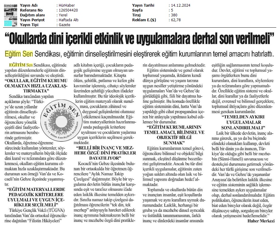 "Okullarda Dini İçerikli Etkinlik ve Uygulamalara Derhal Son Verilmeli" / Hür Haber
