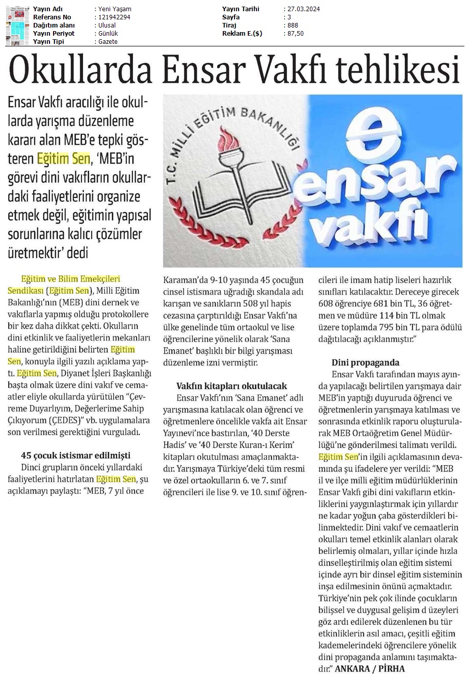 Okullarda Ensar Vakfı Tehlikesi / Yeni Yaşam