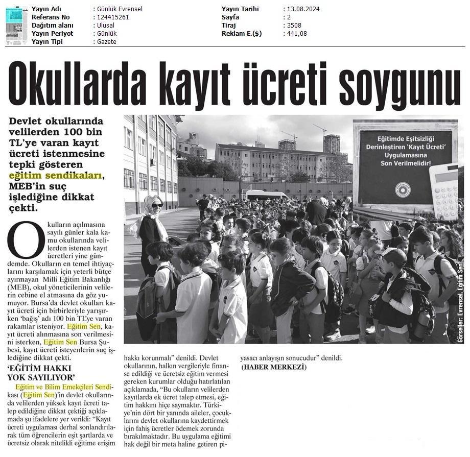 Okullarda Kayıt Ücreti Soygunu / Evrensel