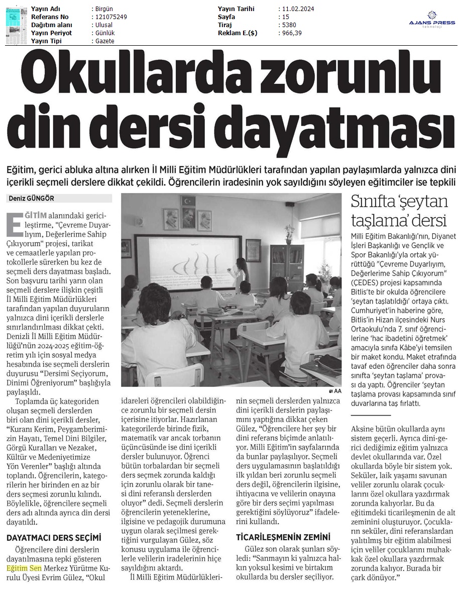 Okullarda Zorunlu Din Dersi Dayatması / Birgün