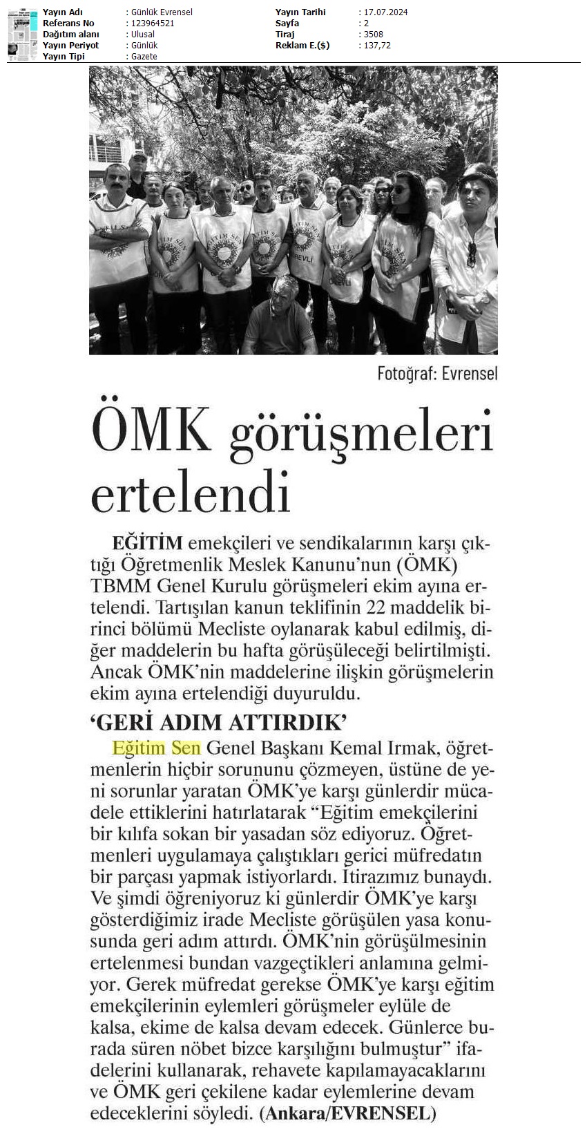 ÖMK Görüşmeleri Ertelendi / Evrensel