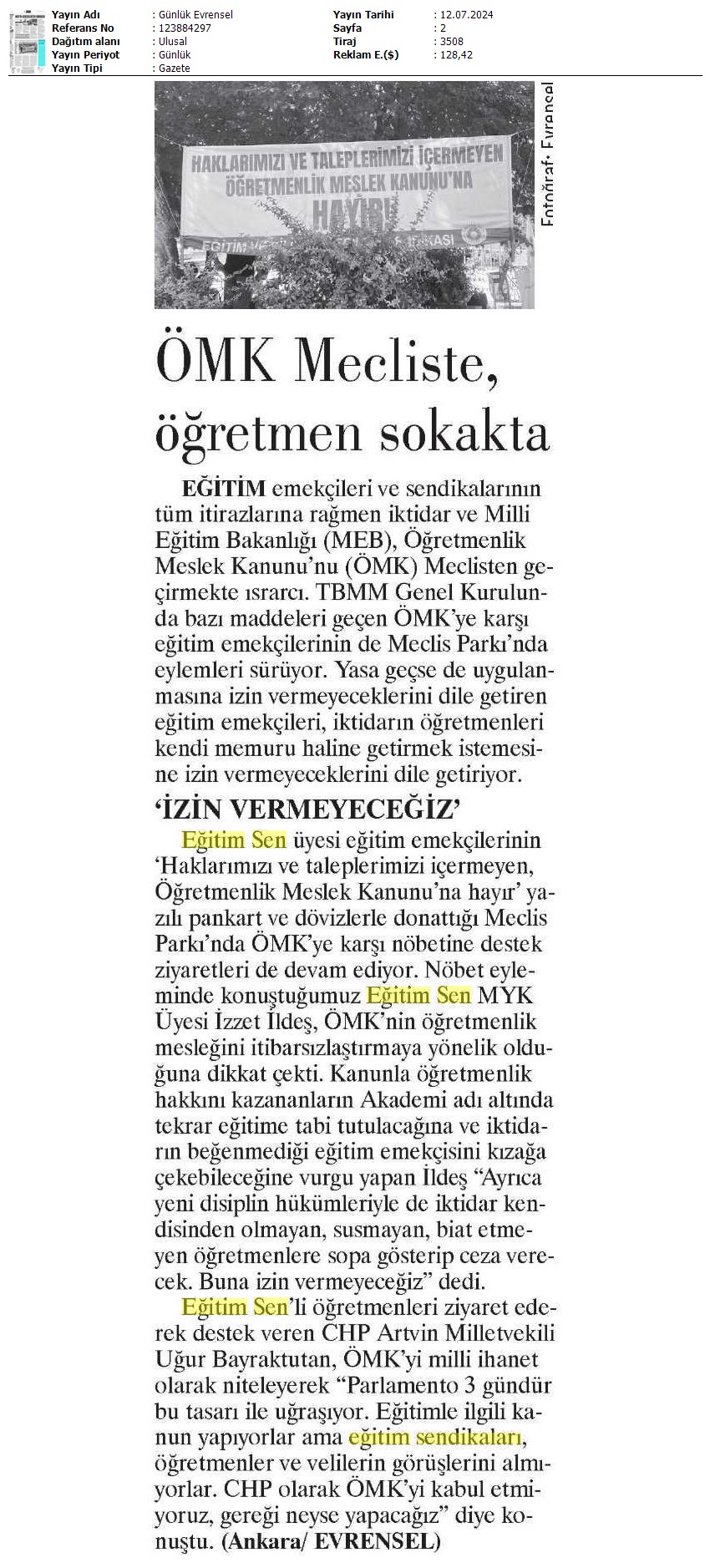 ÖMK Meclis'te, Öğretmen Sokakta / Evrensel