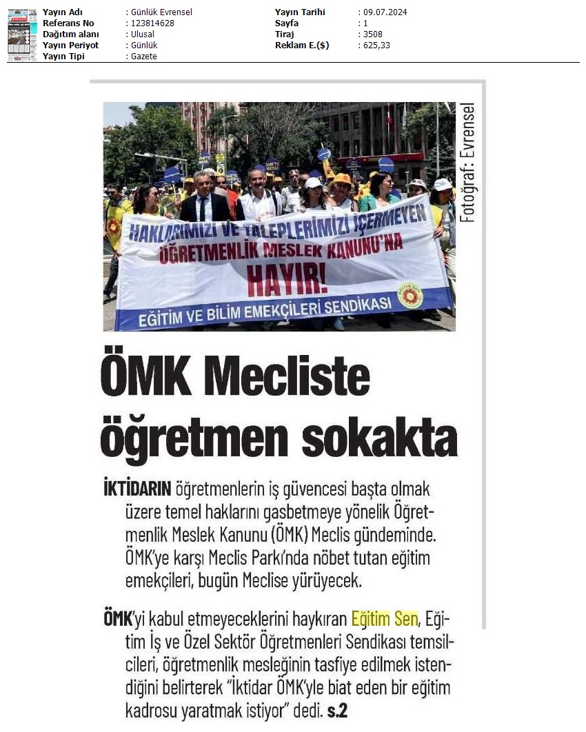 ÖMK Meclis'te, Öğretmen Sokakta / Evrensel
