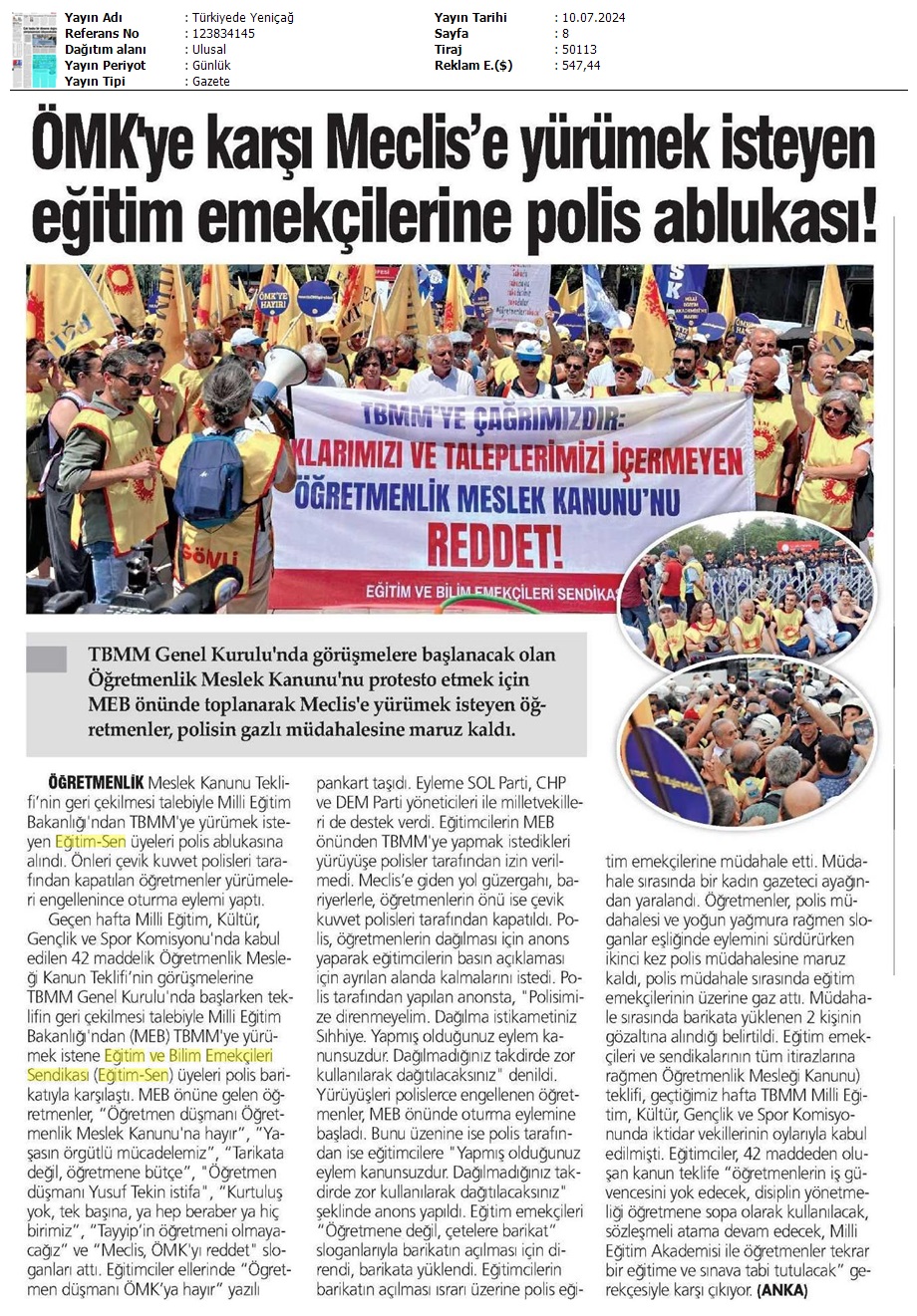ÖMK'ye Karşı Meclis'e Yürümek İsteyen Eğitim Emekçilerine Polis Ablukası! / Türkiye'de Yeniçağ