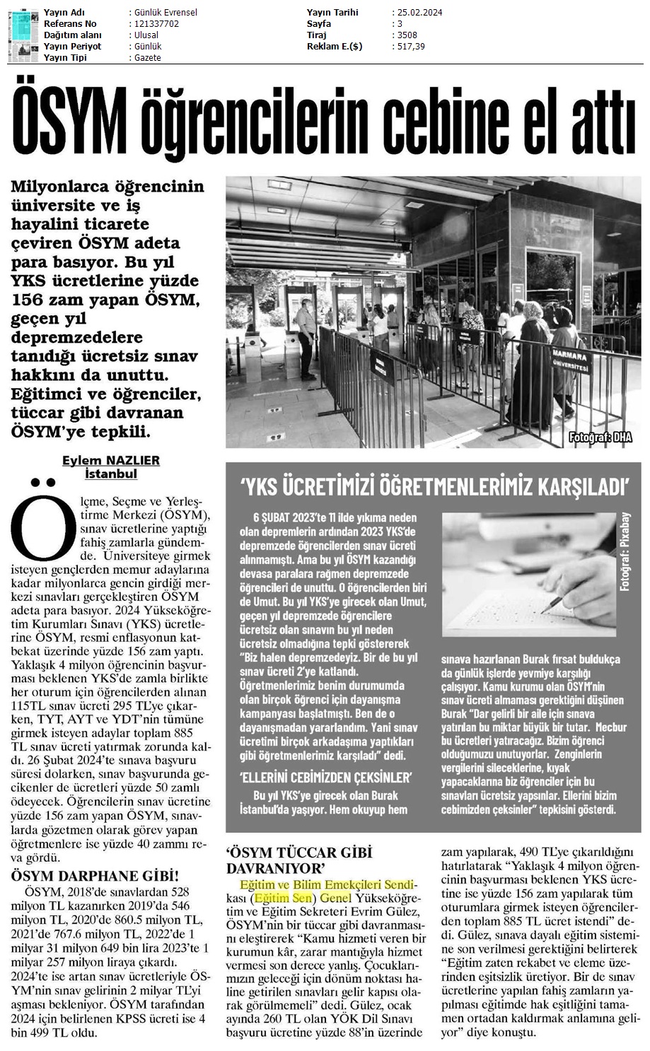 ÖSYM Öğrencilerin Cebine El Attı / Evrensel
