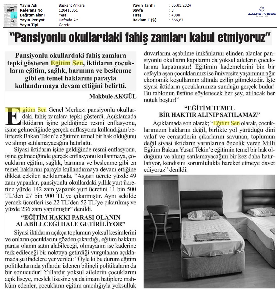 "Pansiyonlu Okullardaki Fahiş Zamları Kabul Etmiyoruz" / Başkent Ankara