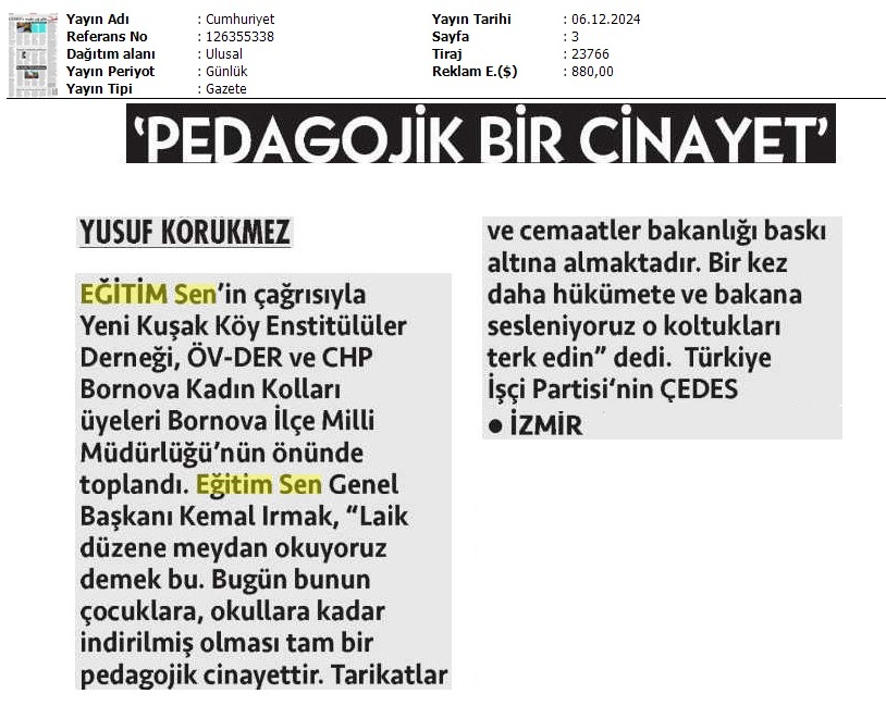 "Pedagojik Bir Cinayet" / Cumhuriyet