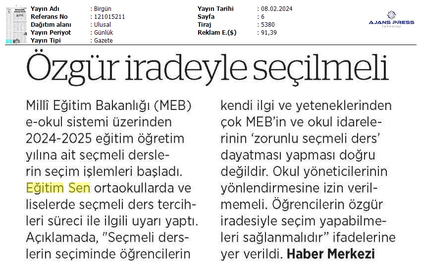 Seçmeli Dersler Özgür İradeyle Seçilmeli / Birgün