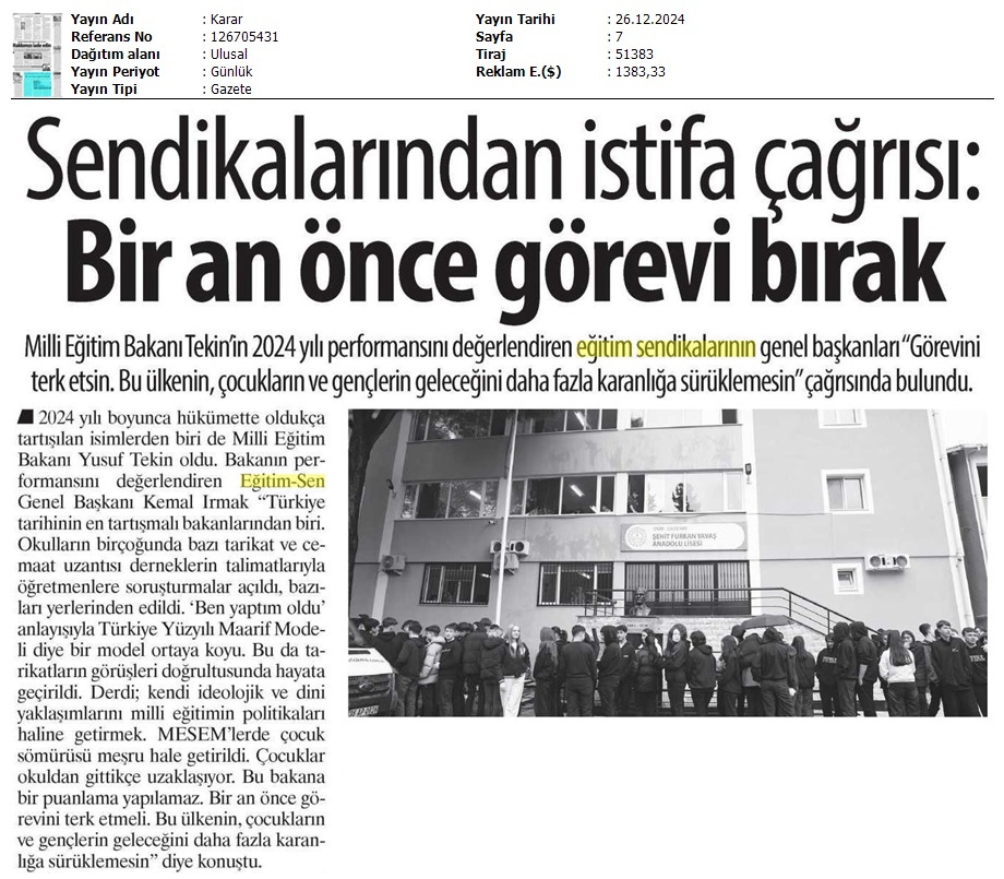 Sendikalardan İstifa Çağrısı: Bir An Önce Görevi Bırak / Karar