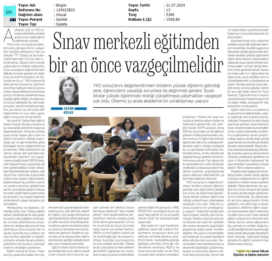 Sınav Merkezli Eğitimden Bir An Önce Vazgeçilmelidir / Birgün