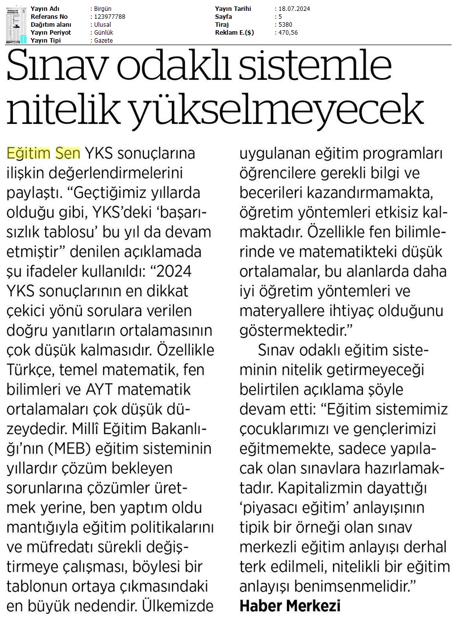 Sınav Odaklı Sistemle Nitelik Yükselmeyecek / Birgün