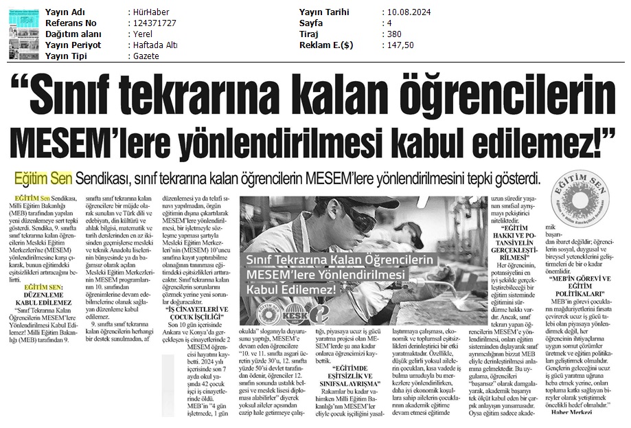 "Sınıf Tekrarına Kalan Öğrencilerin MESEM'lere Yönlendirilmesi Kabul Edilemez!" / Hür Haber
