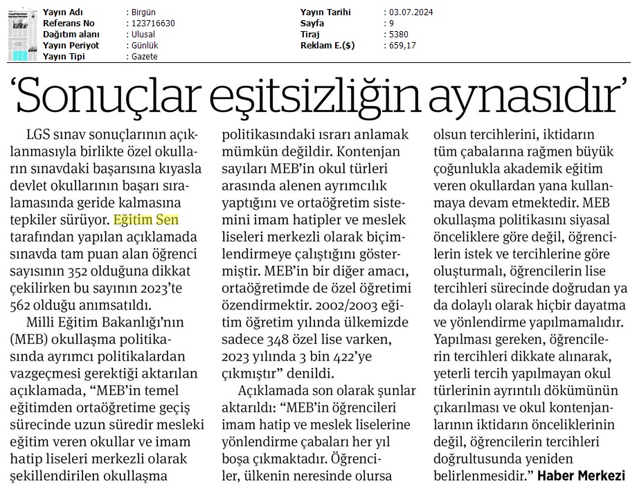 "Sonuçlar Eşitsizliğin Aynasıdır" / Birgün