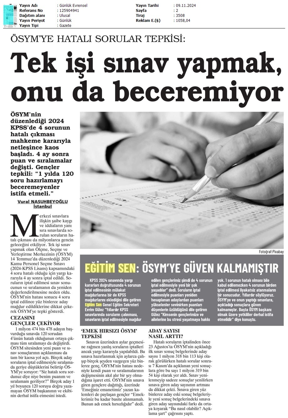 Tek İşi Sınav Yapmak, Onu Da Beceremiyor / Evrensel