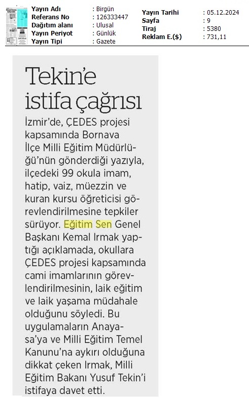 Tekin'e İstifa Çağrısı / Birgün