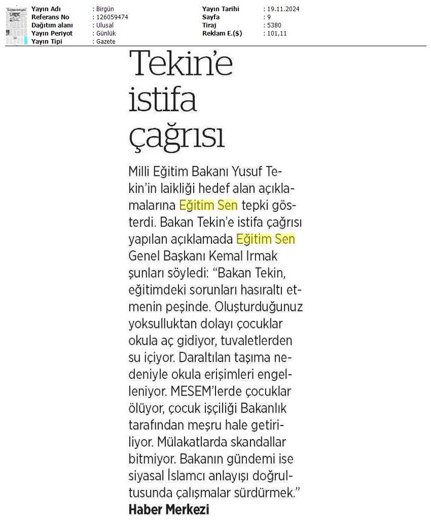 Tekin'e İstifa Çağrısı / Birgün