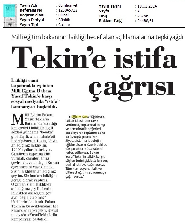 Tekin'e İstifa Çağrısı / Cumhuriyet