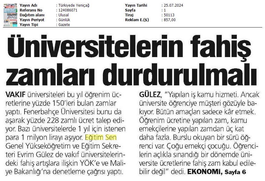 Üniversitelerin Fahiş Zamları Durdurulmalı / Türkiye'de Yeniçağ