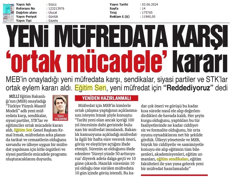 Yeni Müfredata Karşı 'Ortak Mücadele' Kararı / Sözcü